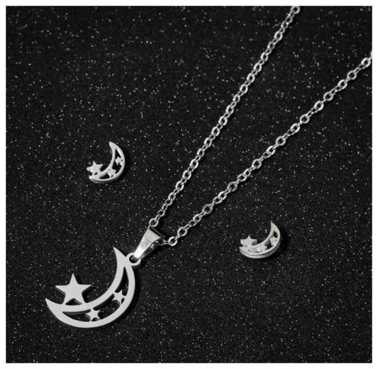 Crescent moon and stars - Necklace/Earring set - Stainless Steel - 18"