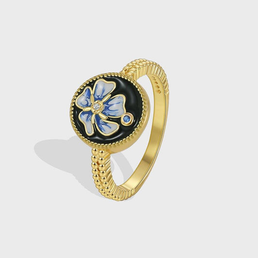 Black flower enamel ring - Gold - size 6