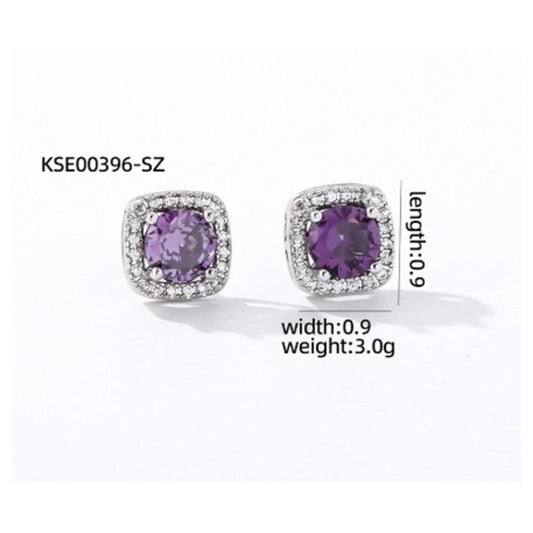 Purple Square thin halo Studs - silver - CZs - .9cm