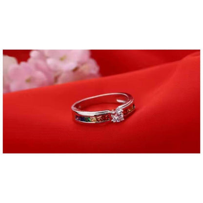 Rainbow engagement ring - silver - CZs - size 8.
