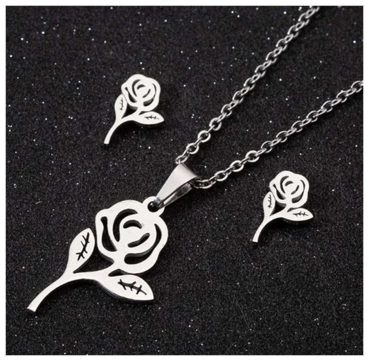 Rose cutout - Necklace/Earring set - Stainless Steel - 18"