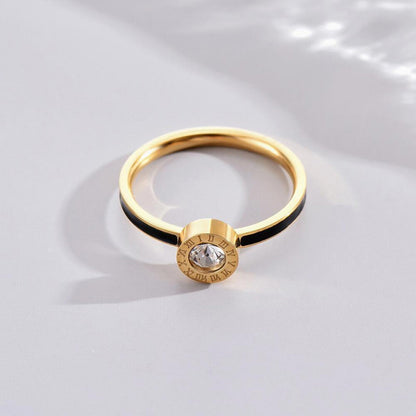 Black enamel bezel set roman numeral RING - Gold - CZs - size 8