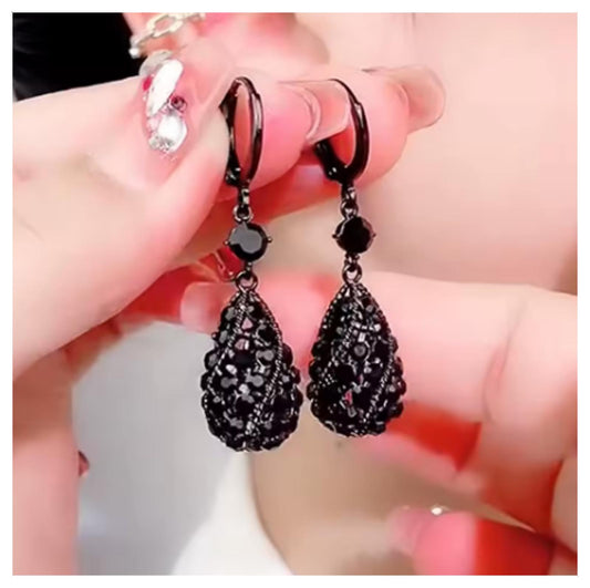 Black crystal drop - Earrings - Silver - CZs - 1.5"