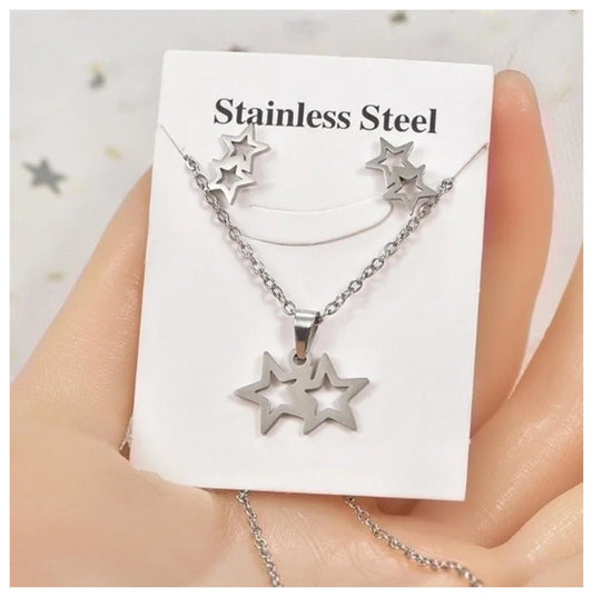 Twin Stars - Necklace/Earring set - Stainless Steel - 18"
