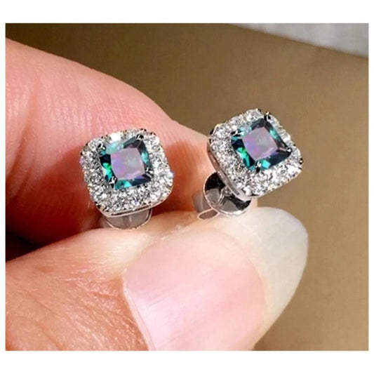 Rainbow Square halo Studs - silver - CZs - 9mm