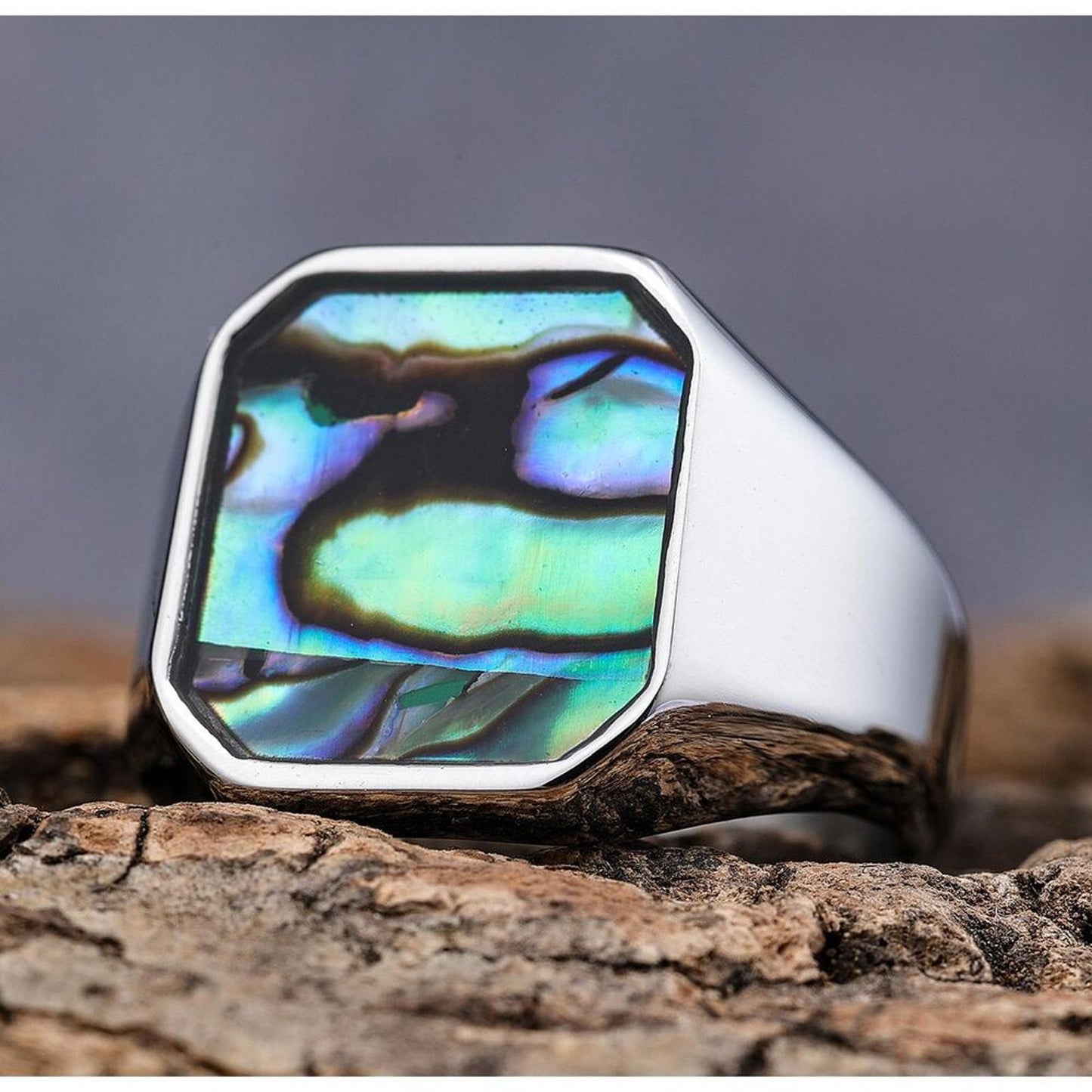 Blue and green abalone shell  RING - Silver - size 10