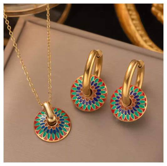 Multicolor enamel disc - Necklace/Earring set - Gold - 18"
