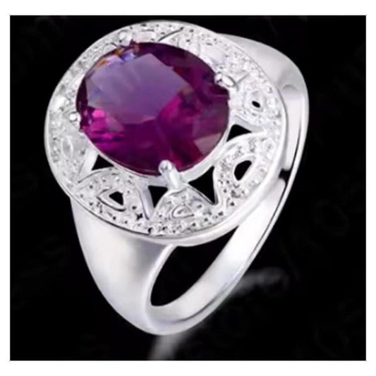 Purple oval ring - silver - CZs- Size 7