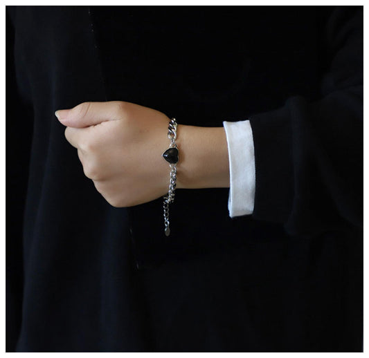 Black Heart Bracelet - Titanium Steel- CZs - 7-9"