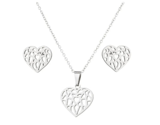 Geometric heart cutout - Necklace/Earring set - Stainless Steel - 18"