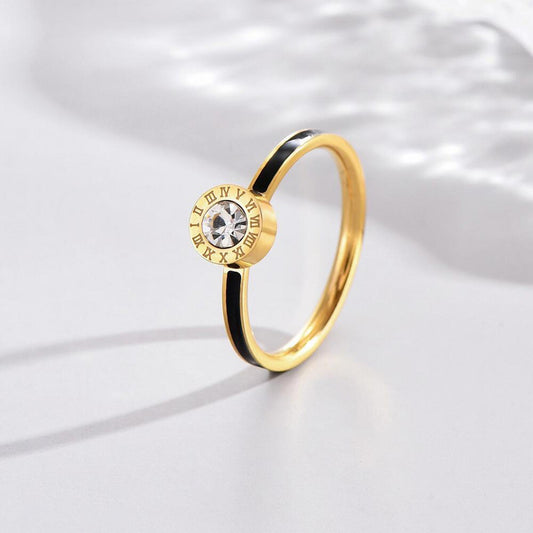 Black enamel bezel set roman numeral RING - Gold - CZs - size 8