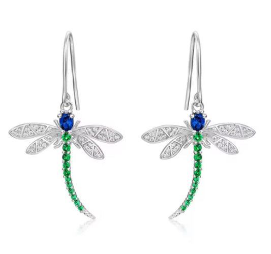 Green and blue dragonfly - Earrings - Silver - CZs - 18"