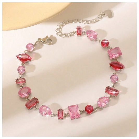 Pink multi stone - Bracelet - Silver - CZs - 7-9"