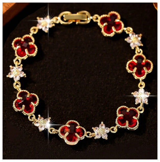 Red clover and flower - Bracelet - Gold - CZs - 7"