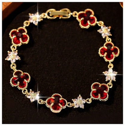 Red clover and flower - Bracelet - Gold - CZs - 7"