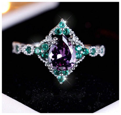 Vintage style purple and green pear - Ring - Silver - CZs - Size 6