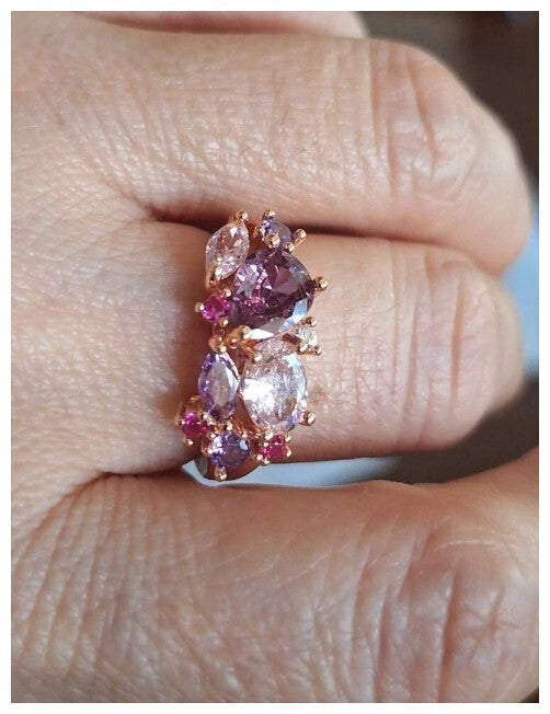 Multicolor pink and purple - Ring - Rose Gold - CZs - Size 8