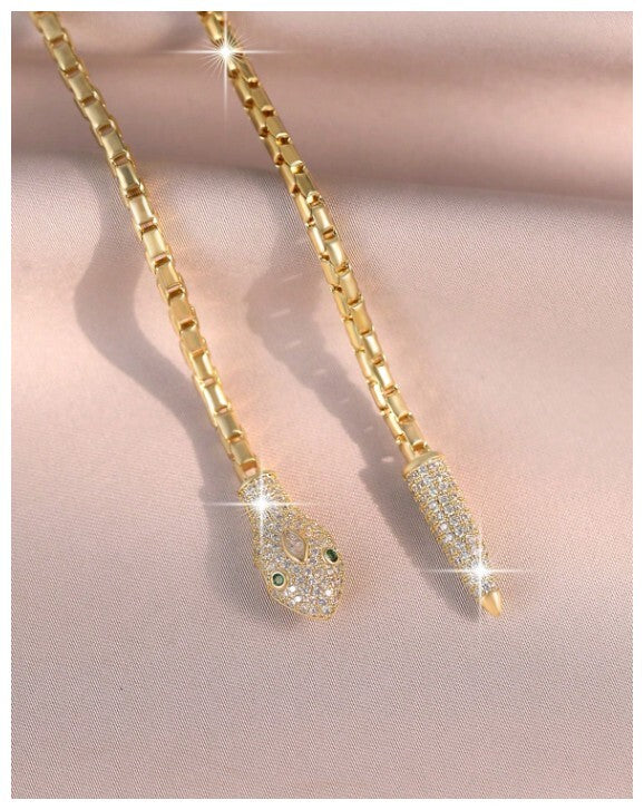 Green eyed snake - Necklace - Gold - CZs - 24"