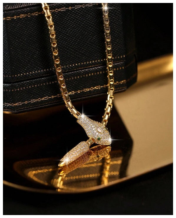 Green eyed snake - Necklace - Gold - CZs - 24"