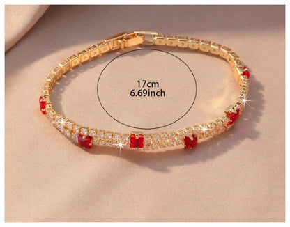 Two row red and white - Bracelet - Gold - CZs - 7"