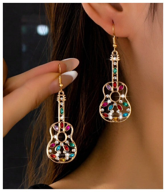 Multicolor marquise guitar - Earrings - Gold - CZs - 2.5"