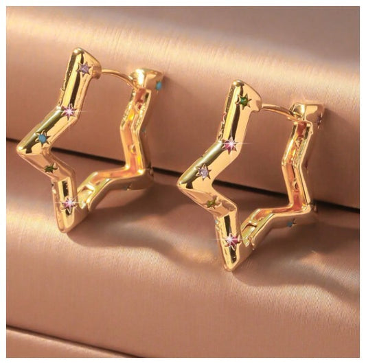Multicolor accent star - Earrings - Gold - CZs - 1"