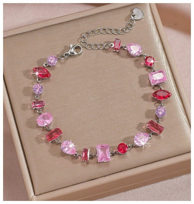 Pink multi stone - Bracelet - Silver - CZs - 7-9"