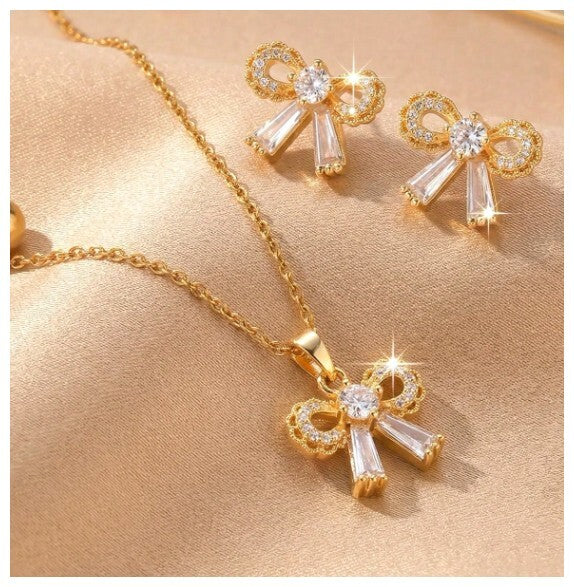 Round and baguette bow - Necklace/Earring set - Gold - CZs - 18"