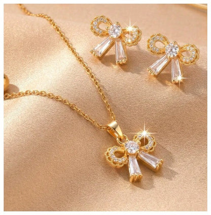 Round and baguette bow - Necklace/Earring set - Gold - CZs - 18"