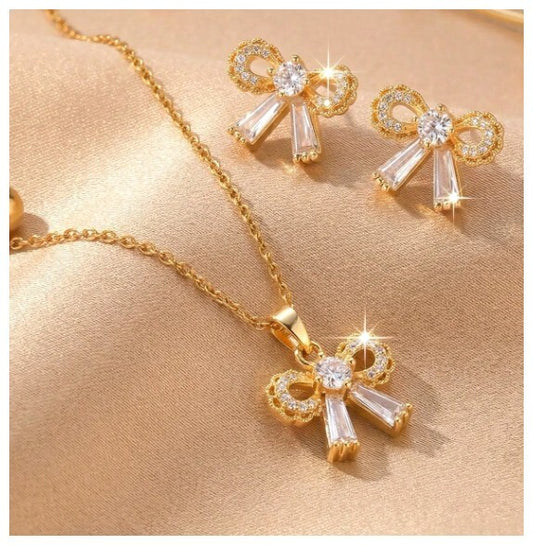Round and baguette bow - Necklace/Earring set - Gold - CZs - 18"