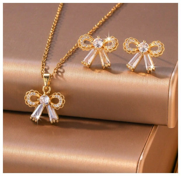 Round and baguette bow - Necklace/Earring set - Gold - CZs - 18"