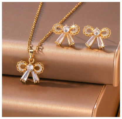 Round and baguette bow - Necklace/Earring set - Gold - CZs - 18"