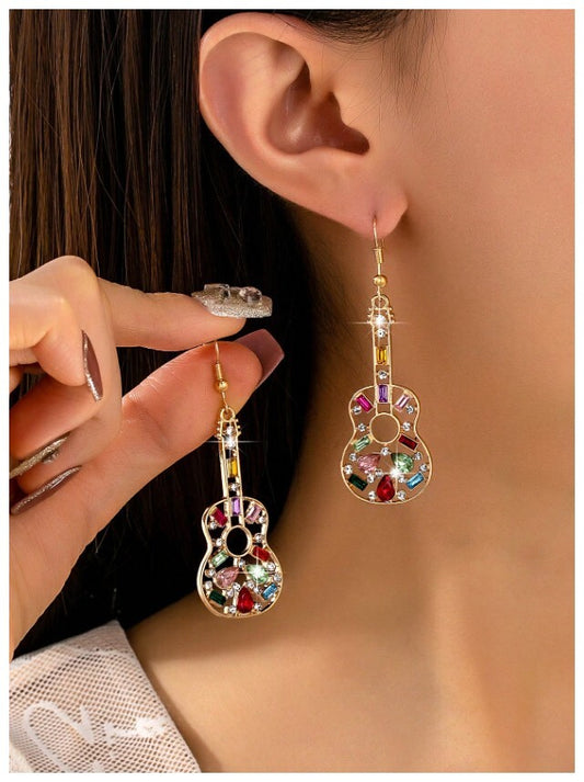 Multicolor rectangle guitar - Earrings - Gold - CZs - 2.5"