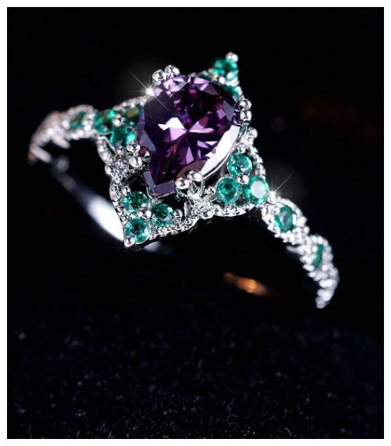 Vintage style purple and green pear - Ring - Silver - CZs - Size 8