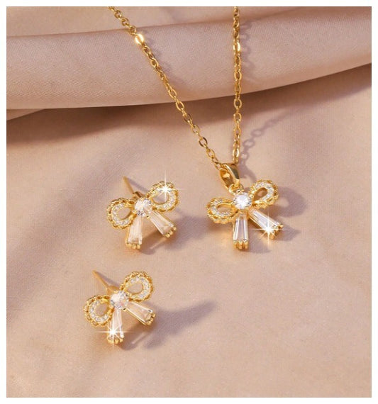 Round and baguette bow - Necklace/Earring set - Gold - CZs - 18"