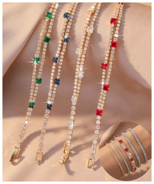 Two row white stone - Bracelet - Gold - CZs - 7"