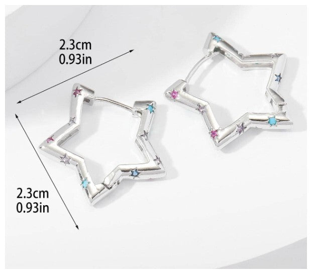 Multicolor accent star - Earrings - Silver - CZs - 1"