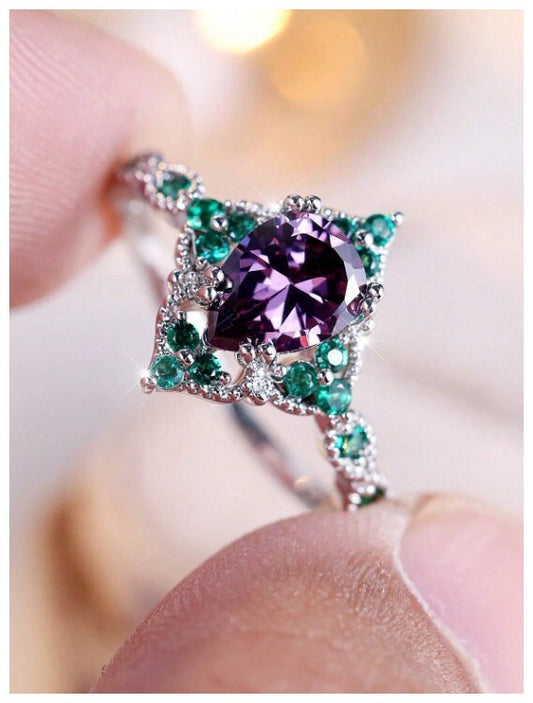 Vintage style purple and green pear - Ring - Silver - CZs - Size 7