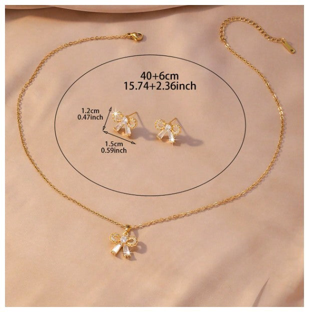 Round and baguette bow - Necklace/Earring set - Gold - CZs - 18"