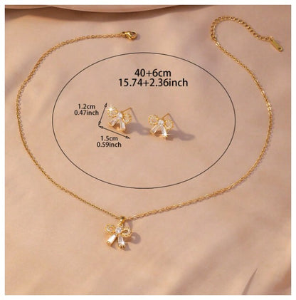 Round and baguette bow - Necklace/Earring set - Gold - CZs - 18"
