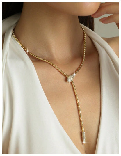 Green eyed snake - Necklace - Gold - CZs - 24"