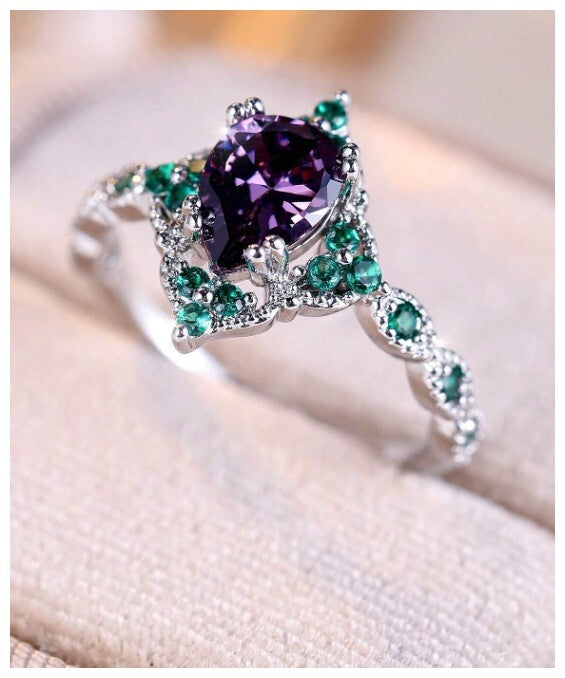 Vintage style purple and green pear - Ring - Silver - CZs - Size 6