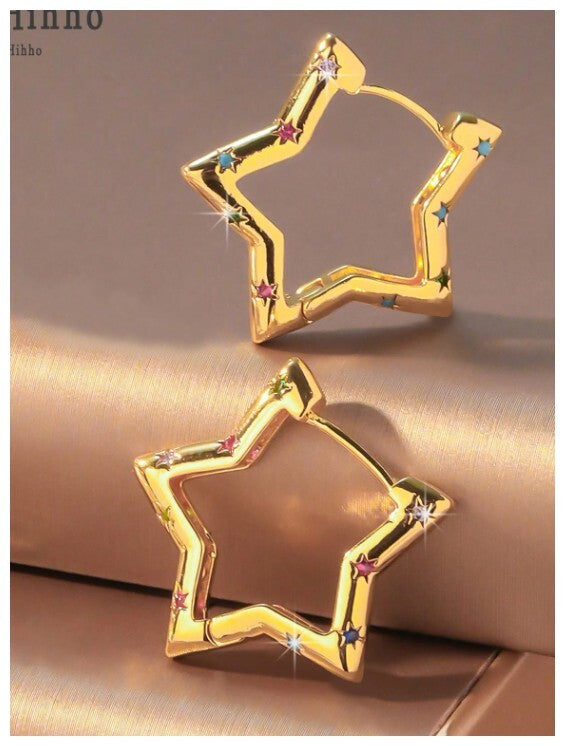 Multicolor accent star - Earrings - Gold - CZs - 1"