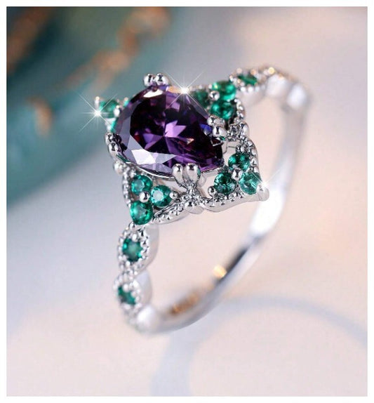 Vintage style purple and green pear - Ring - Silver - CZs - Size 8