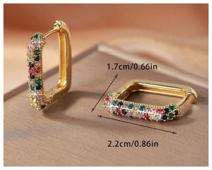 Multicolor rectangle hoop - Earrings - Silver - CZs - 1"