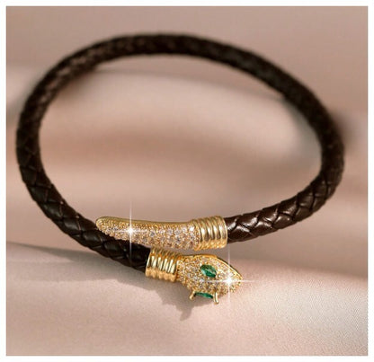 Black leather snake bracelet - Bracelet - Gold - CZs - 7"