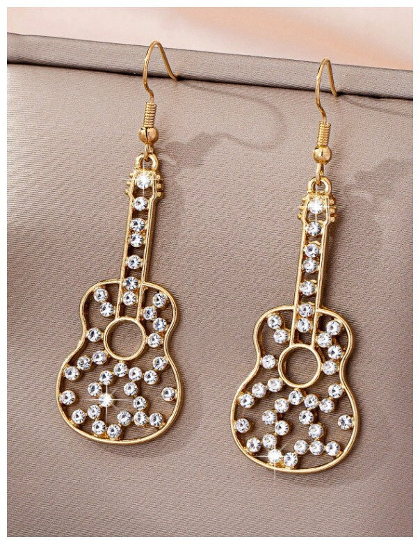 Guitar with accents - Earrings - Gold - CZs - 2.5"