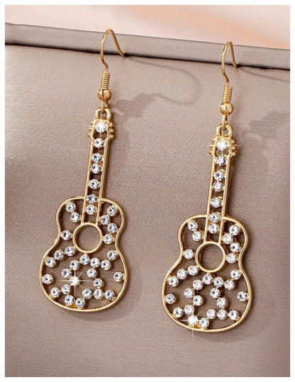 Guitar with accents - Earrings - Gold - CZs - 2.5"