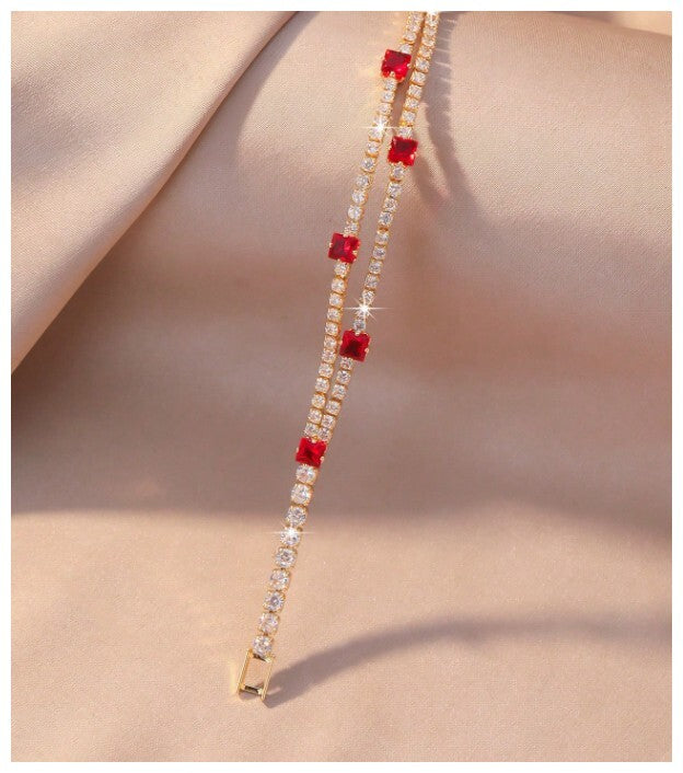 Two row red and white - Bracelet - Gold - CZs - 7"