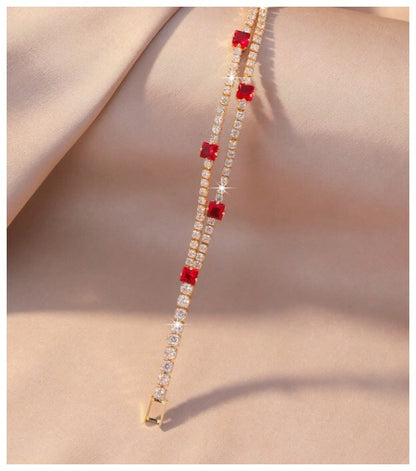 Two row red and white - Bracelet - Gold - CZs - 7"